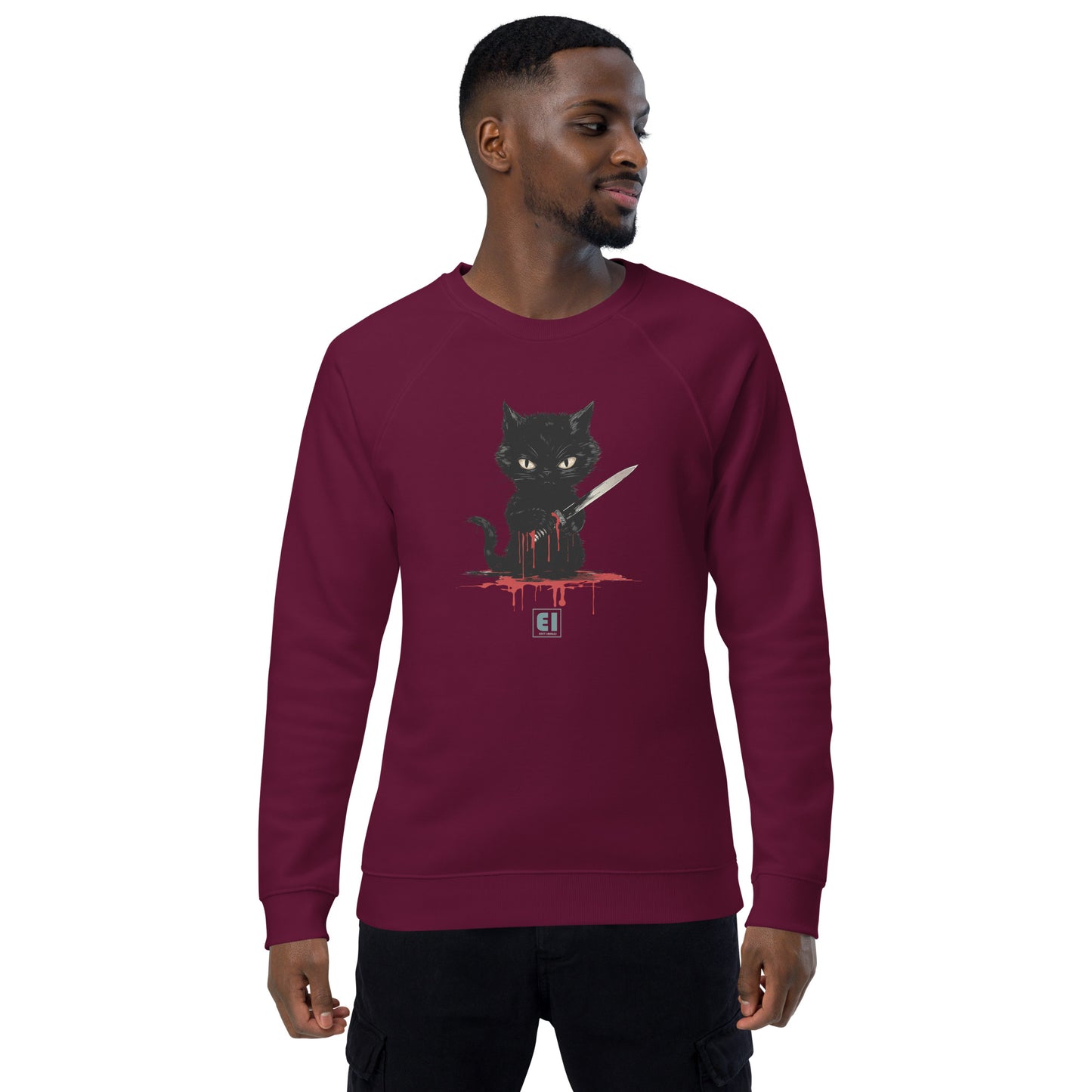 Unisex organic sweatshirt/Cat-Holding-Knife