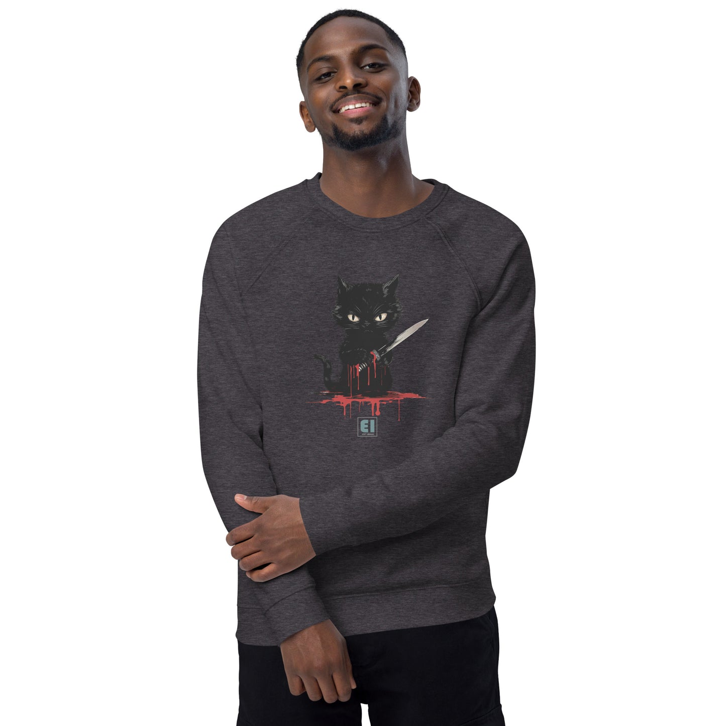 Unisex organic sweatshirt/Cat-Holding-Knife