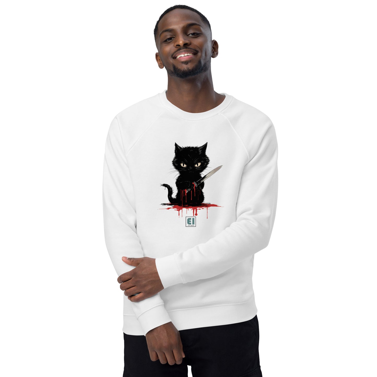 Unisex organic sweatshirt/Cat-Holding-Knife