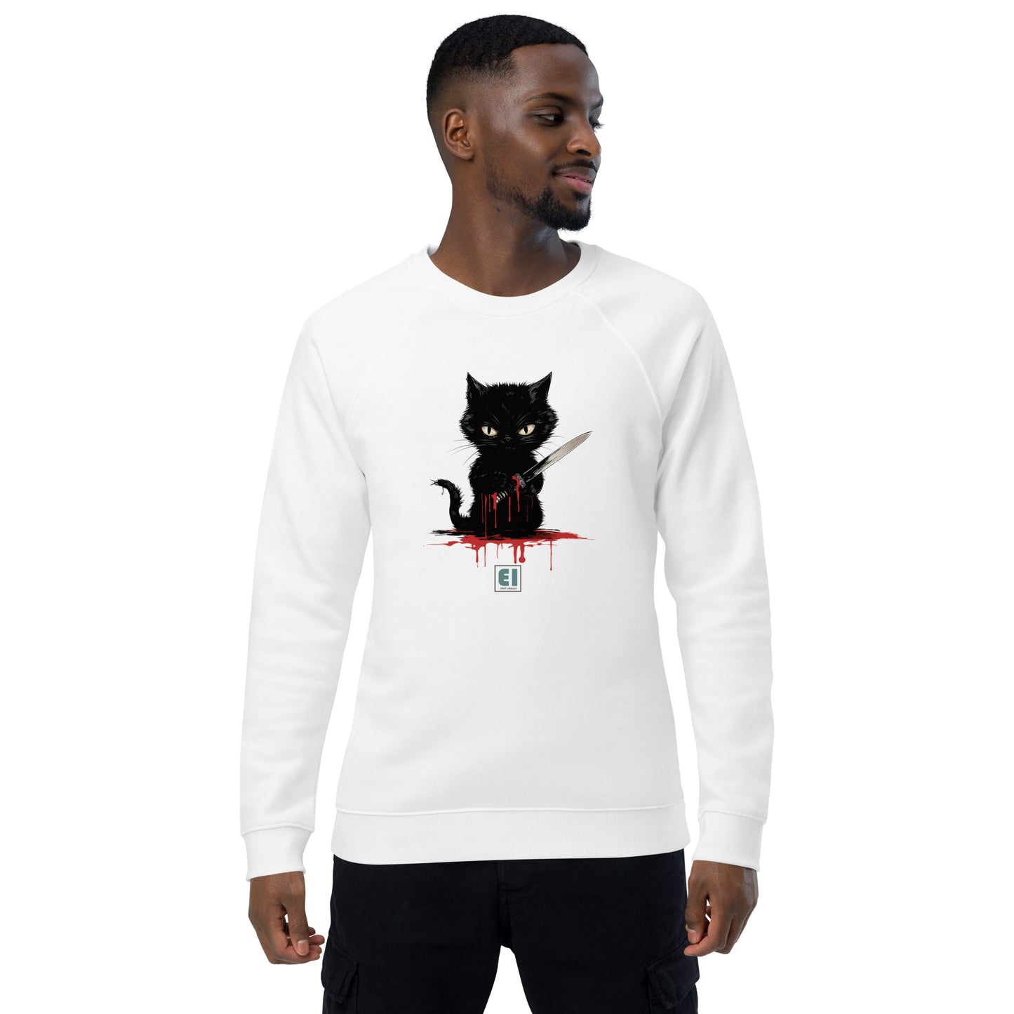 Unisex organic sweatshirt/Cat-Holding-Knife