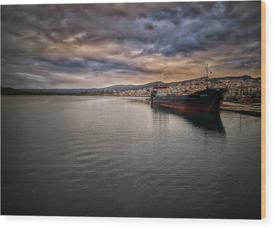 Cargo Ship At The Harbour II - Wood Print