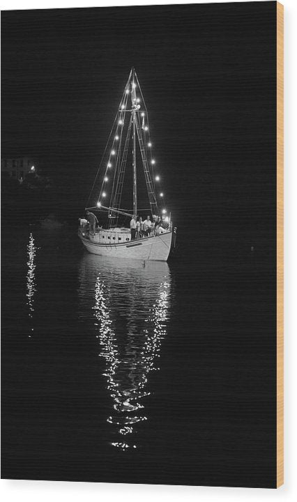 Lit Fishing Boat in The Port - Wood Print