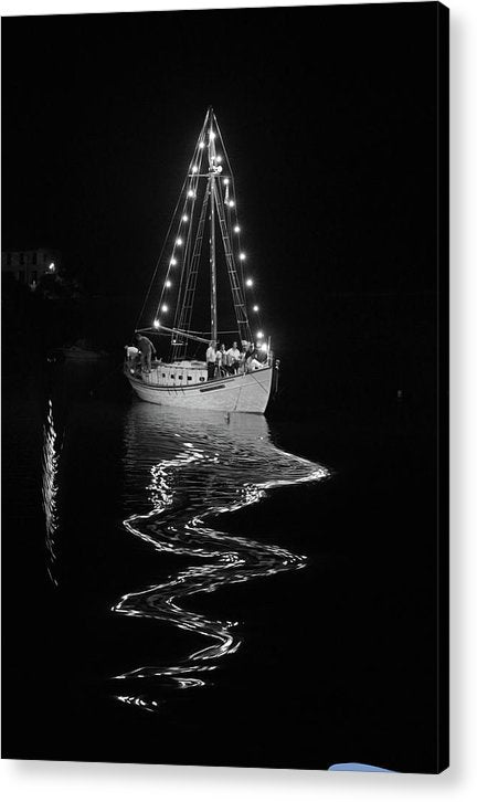 Lit Fishing Boat in The Port-Liquid Effect - Acrylic Print