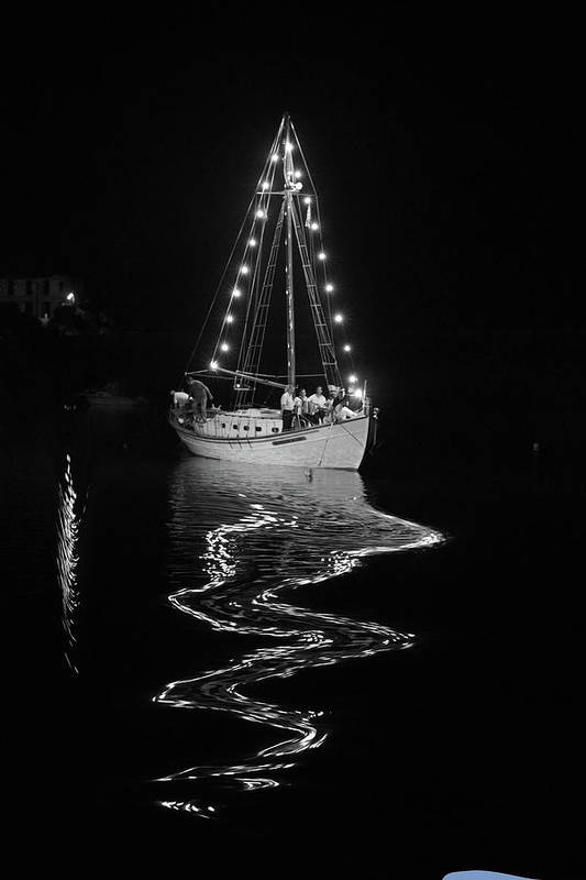 Lit Fishing Boat in The Port-Liquid Effect - Art Print