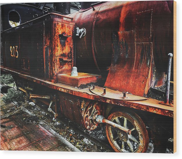 Παλιά ατμομηχανή στο σιδηροδρομικό σταθμό - Wood Print