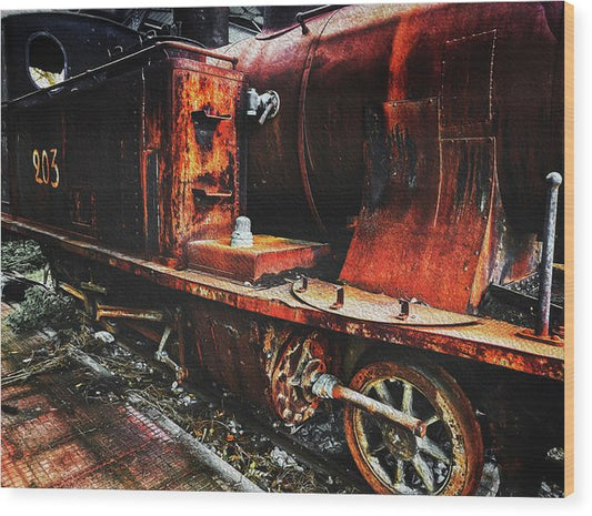 Old Locomotive At The Rail Station-Oil Effect - Wood Print