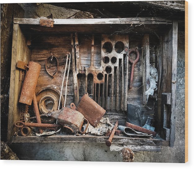 Old Tools In The Olive Grove - Wood Print