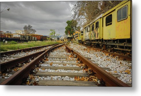 On The Rails In Autumn - Metal Print