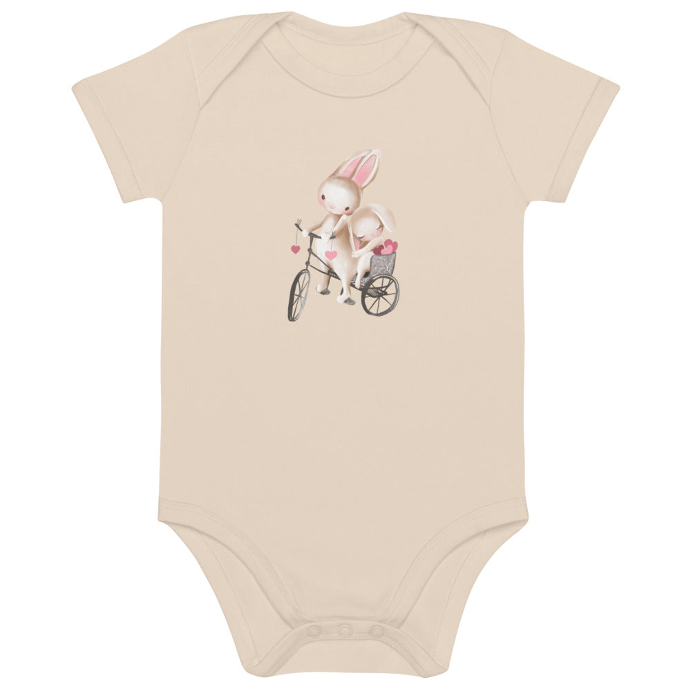 Organic cotton baby bodysuit/Bunnies Bicycle