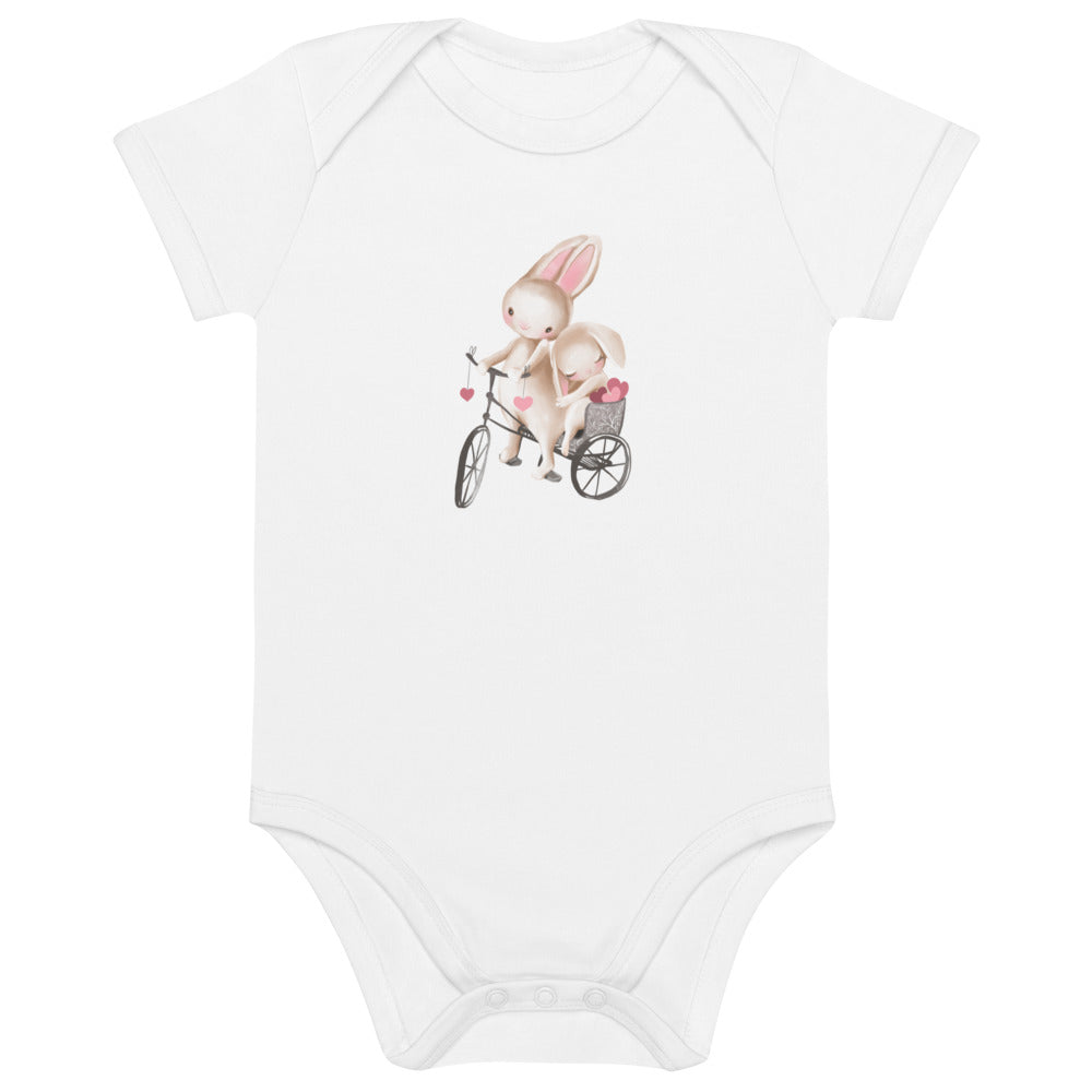 Organic cotton baby bodysuit/Bunnies Bicycle