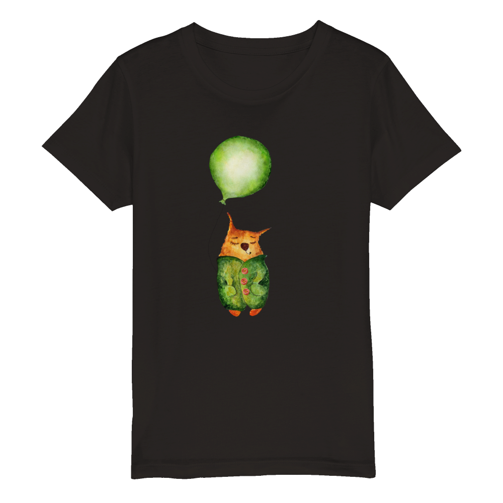 Organic Kids Crewneck T-shirt/Artistic-Animals-Cat-Balloon