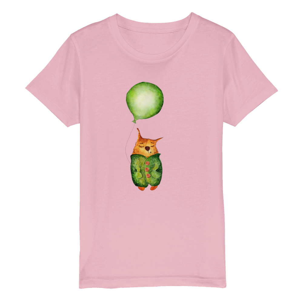 Organic Kids Crewneck T-shirt/Artistic-Animals-Cat-Balloon