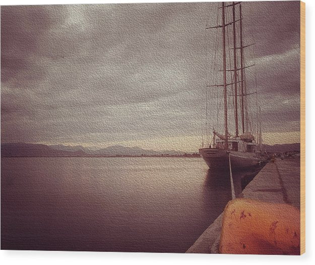 Sailing Boat At The Harbor-Oil Effect - Wood Print