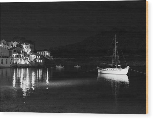 Sailing Boat In The Night - Wood Print