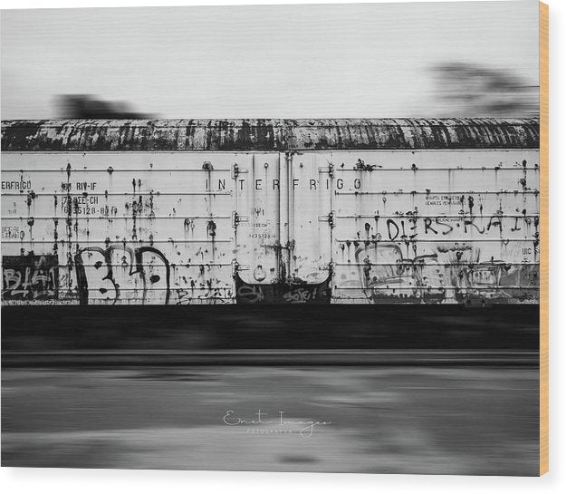 Train In Motion-Black And White - Wood Print