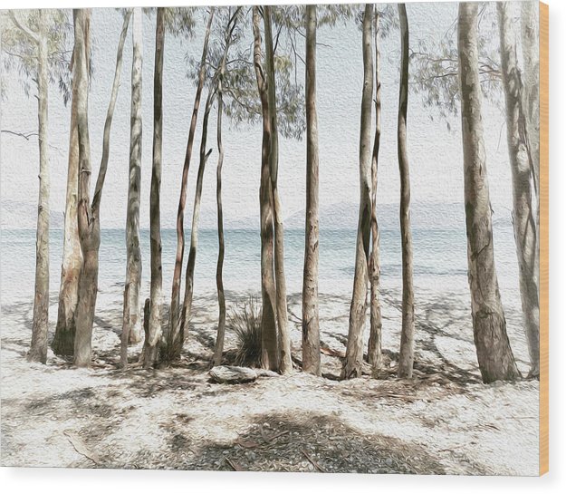 Tree Trunks On The Beach-Oil Effect - Wood Print