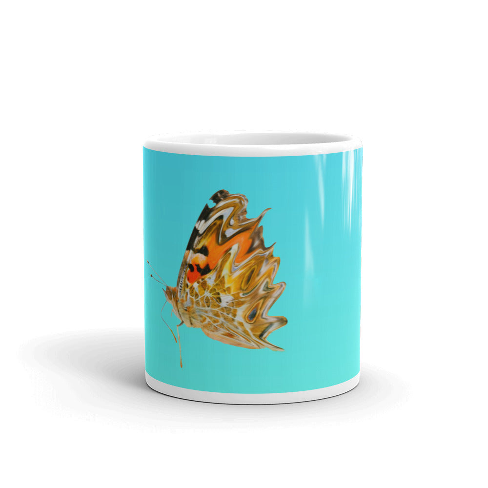 White glossy mug/butterfly in motion