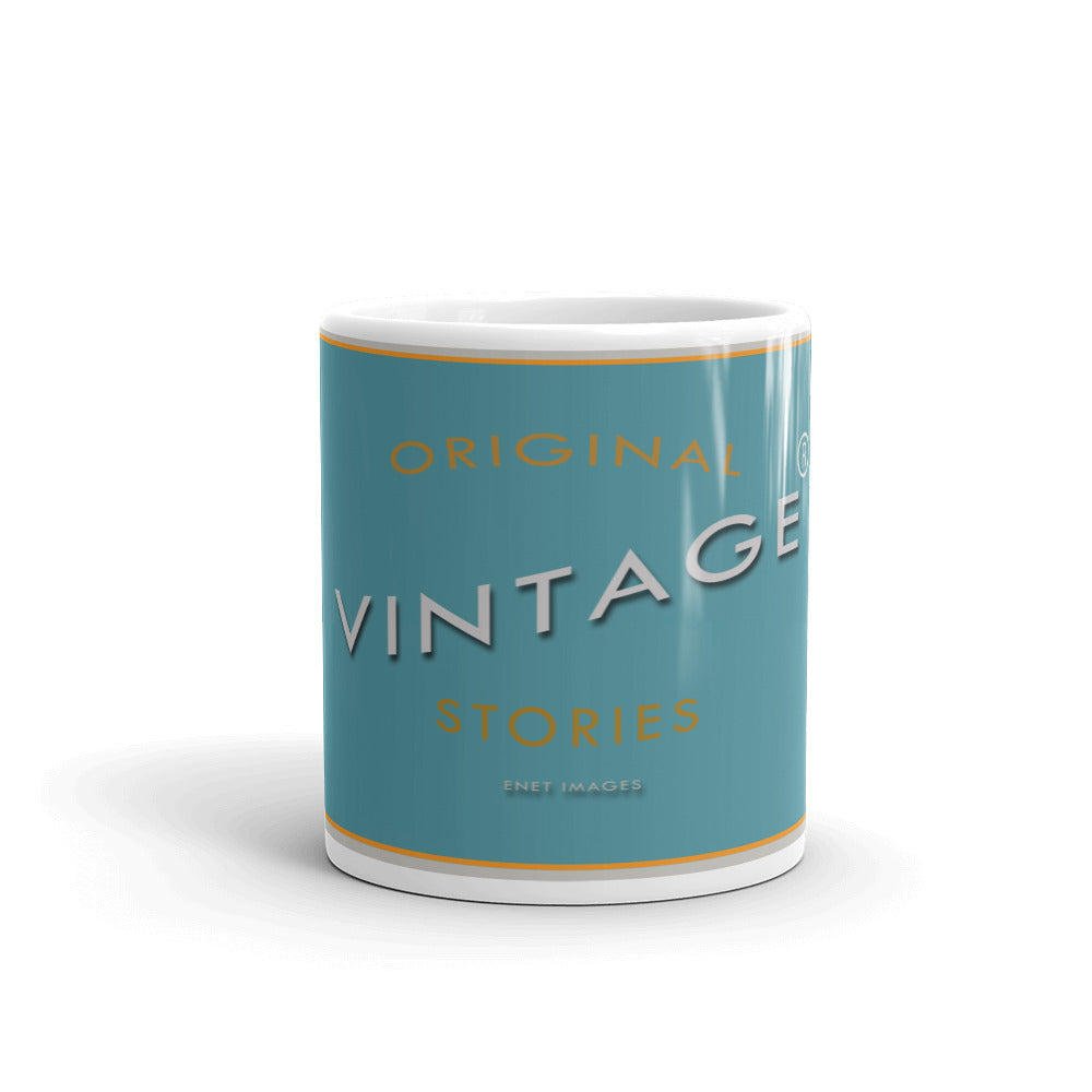 White glossy mug/Vintage Stories