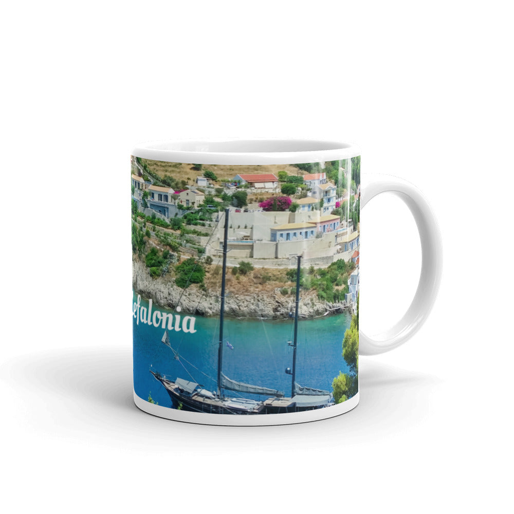 White glossy mug/Assos village Kefalonia Greece