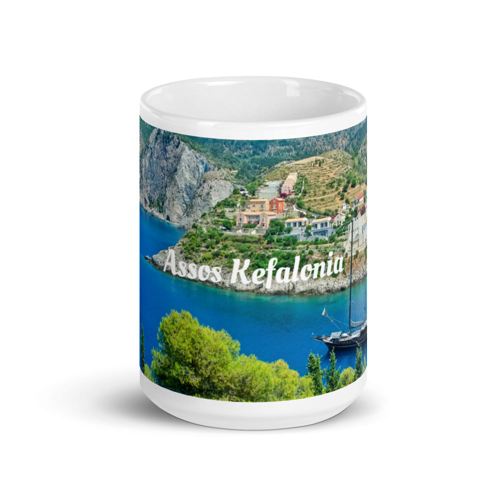 White glossy mug/Assos village Kefalonia Greece