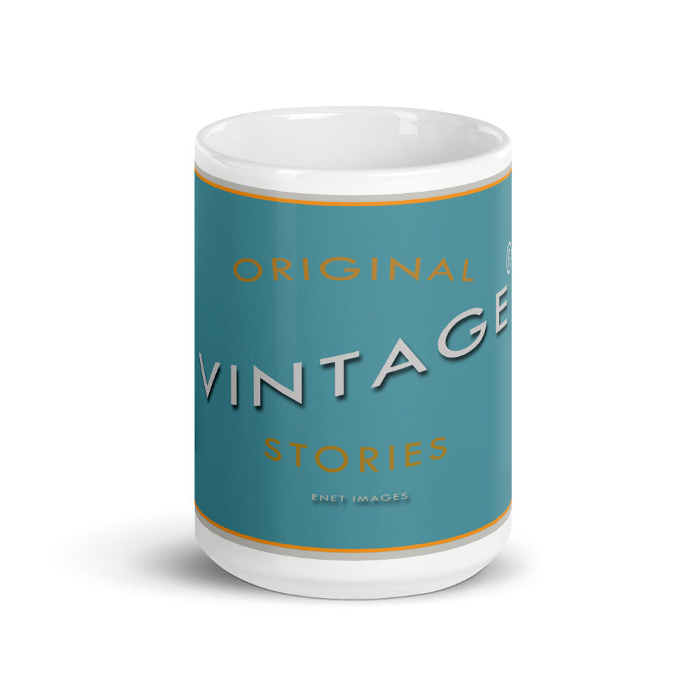 White glossy mug/Vintage Stories