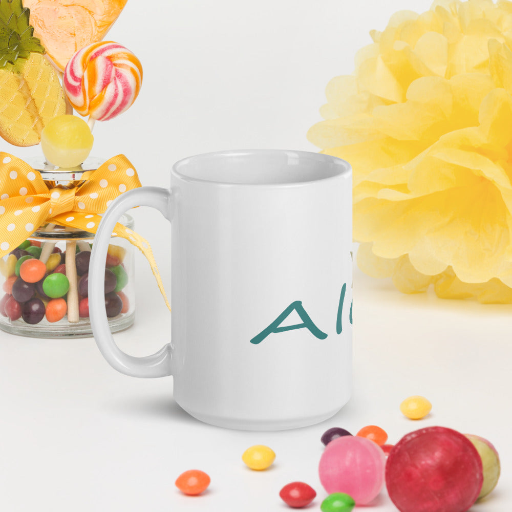 Weiße glänzende Tasse/Aloha