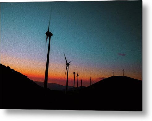 Wind Tourbines Against The Colorful Sunset Oil Effect - Metal Print