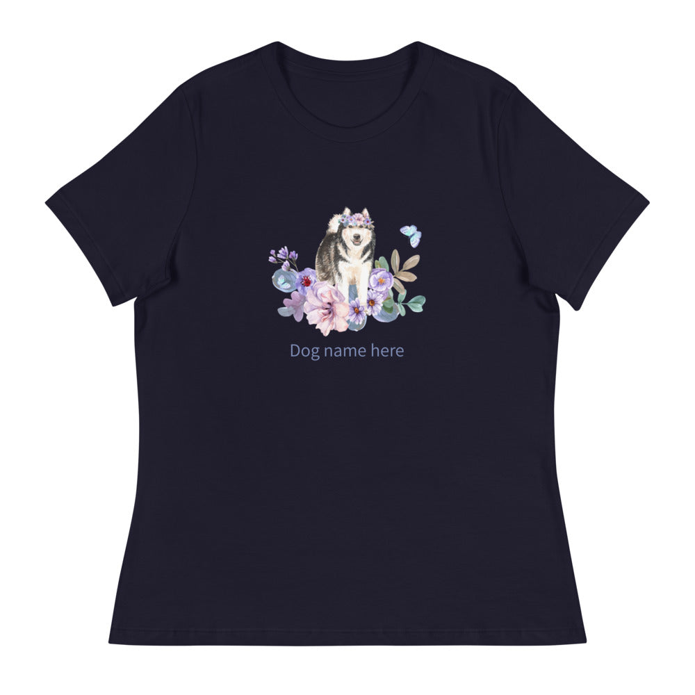 Women's Relaxed T-Shirt/Dog & Flowers 4/Personalized