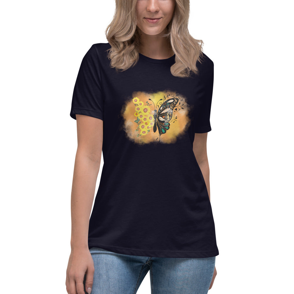 Entspanntes T-Shirt für Damen/Schmetterling-Sonnenblume